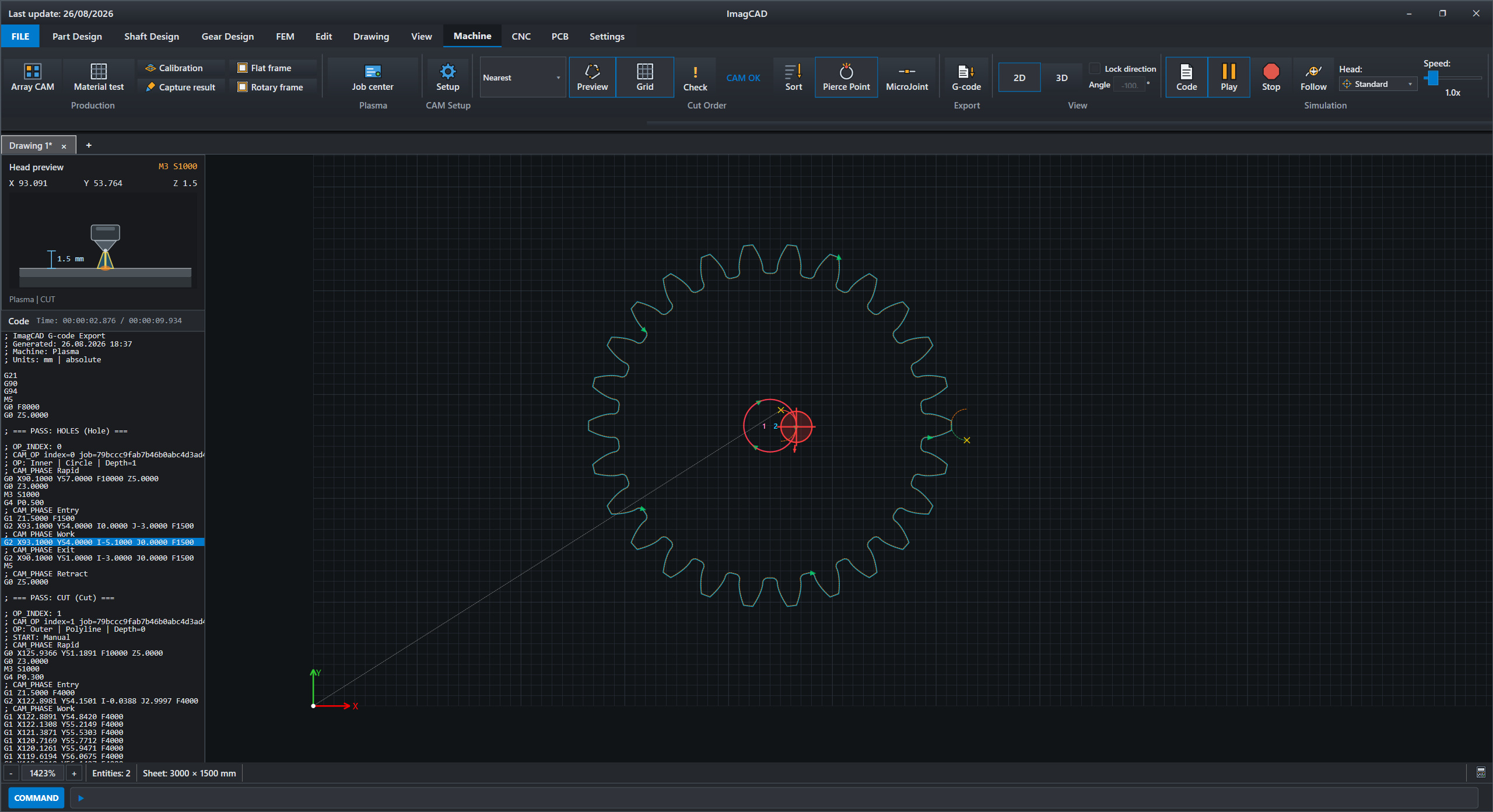 ImagCAD CAM workspace showing a plasma cutting toolpath and generated G-code