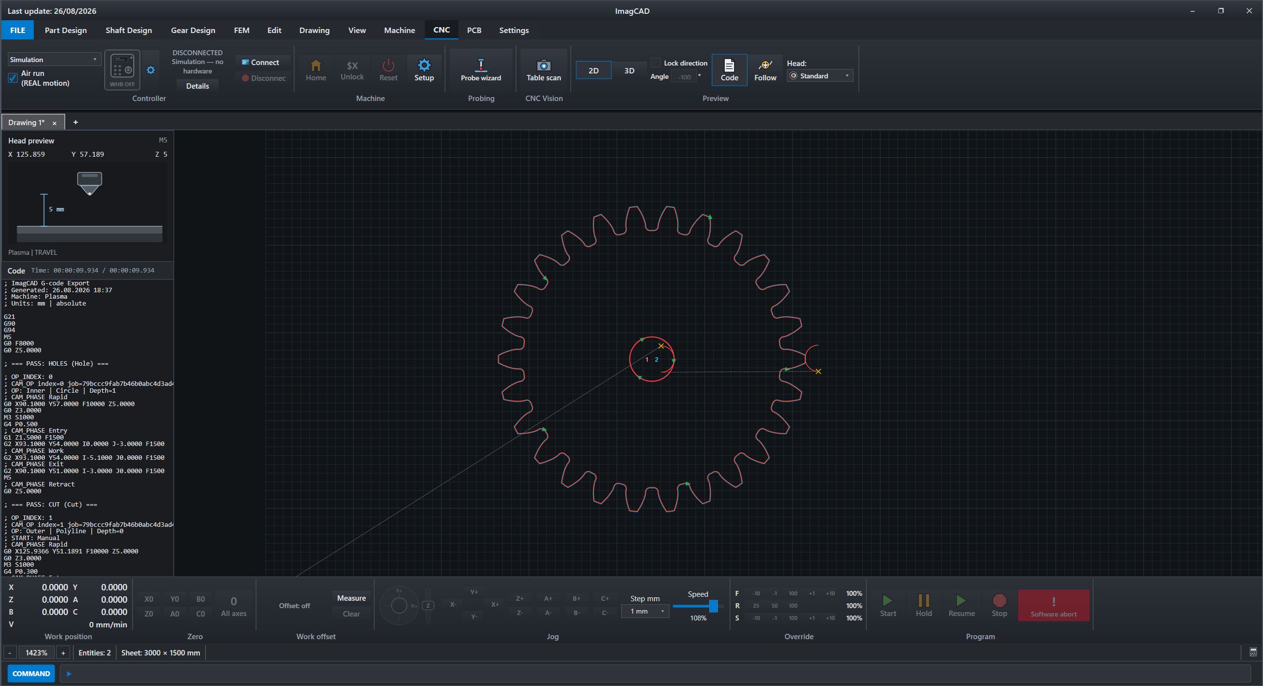 ImagCAD CNC workspace with G-code and a two-dimensional toolpath preview