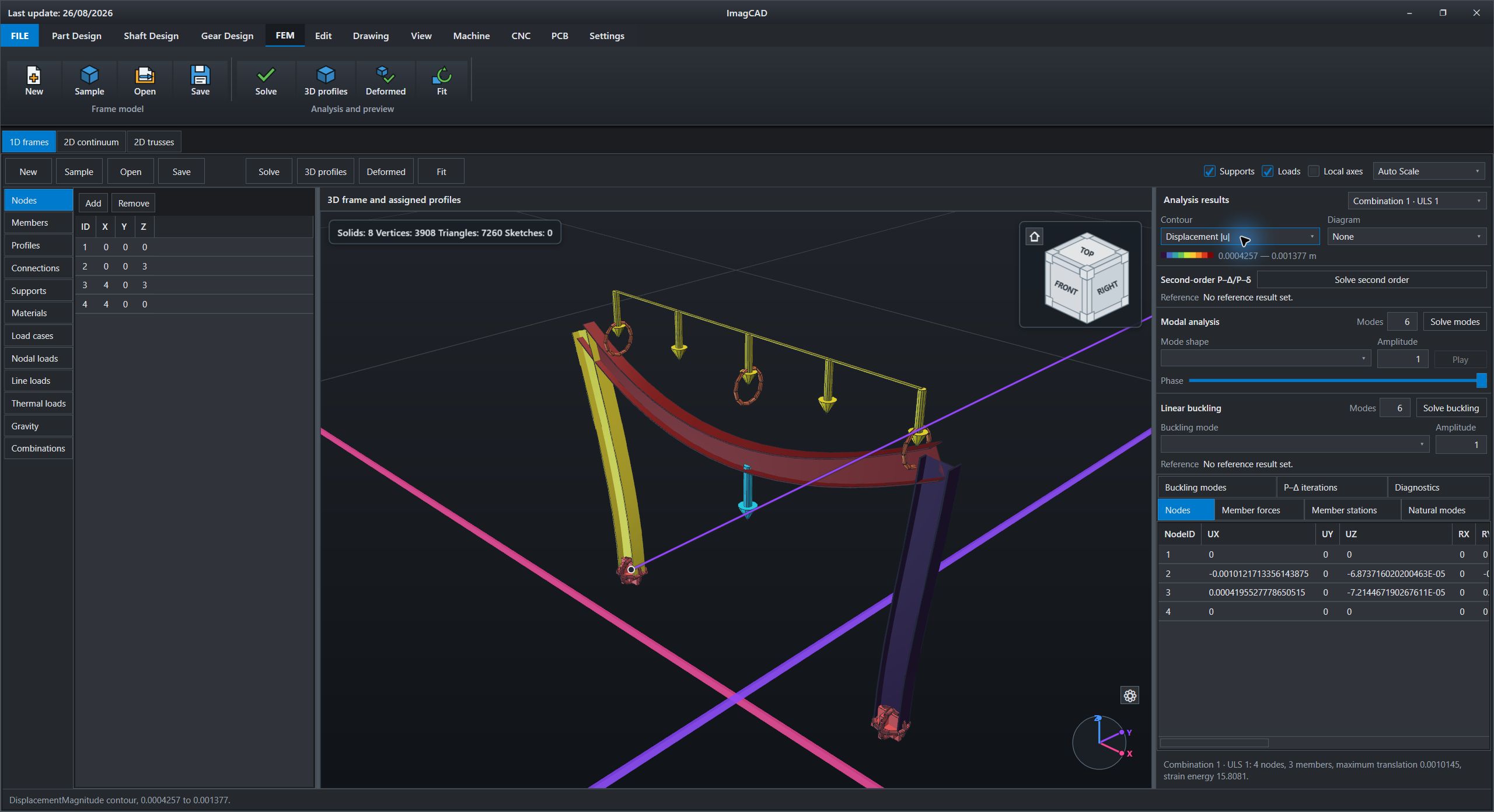 ImagCAD FEM workspace showing a deformed 1D frame with a displacement contour and analysis results