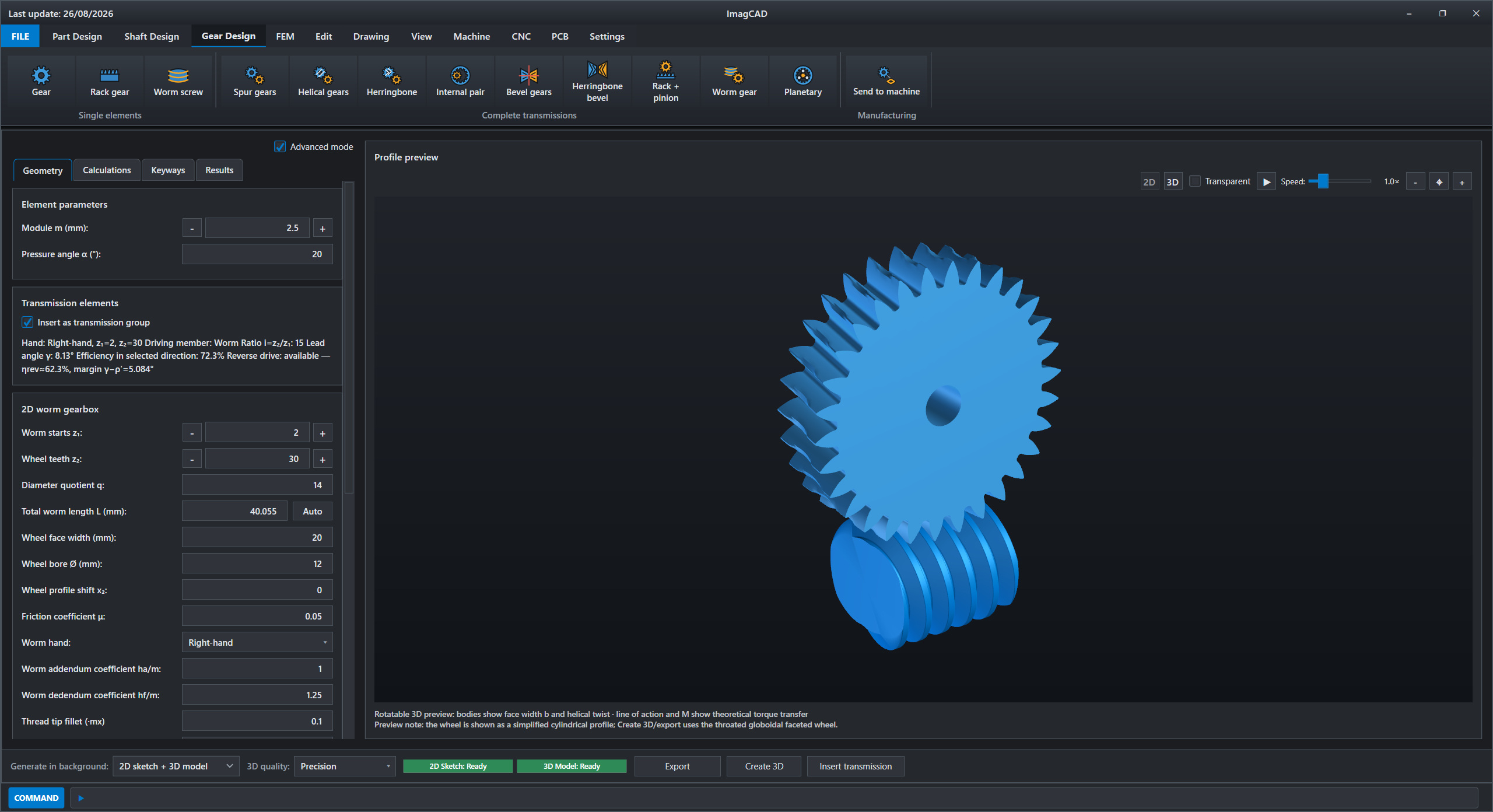 ImagCAD Gear Design workspace with a three-dimensional worm gear transmission
