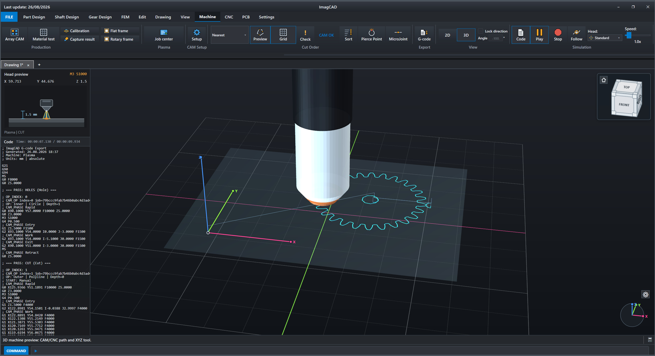 ImagCAD machine simulation showing a plasma torch cutting a gear profile
