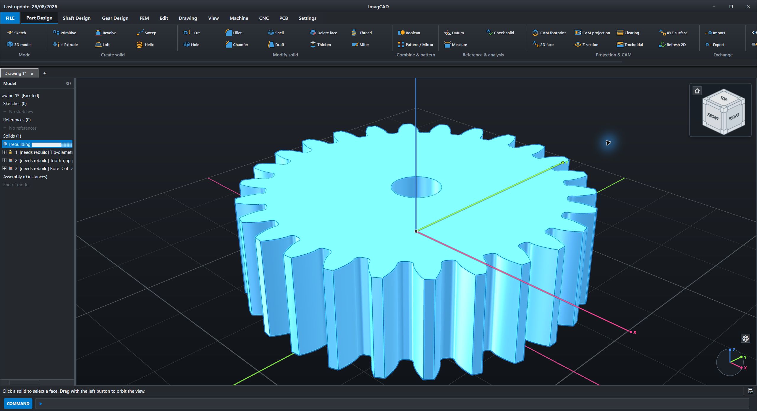 ImagCAD Part Design workspace showing a three-dimensional gear model