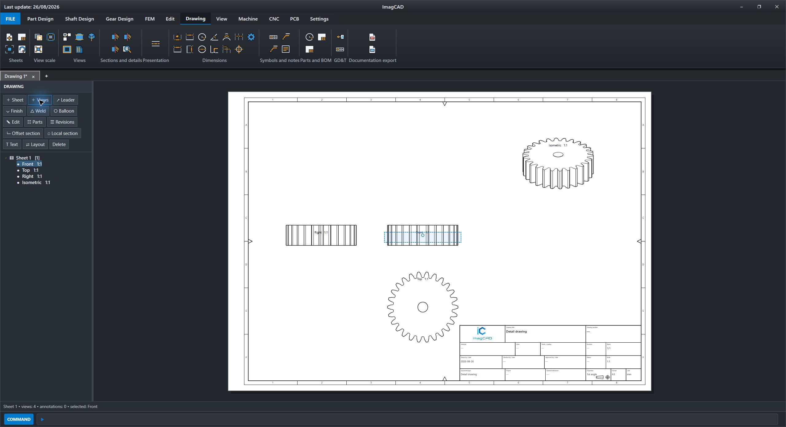 ImagCAD Drawing workspace showing a technical drawing sheet with multiple gear views
